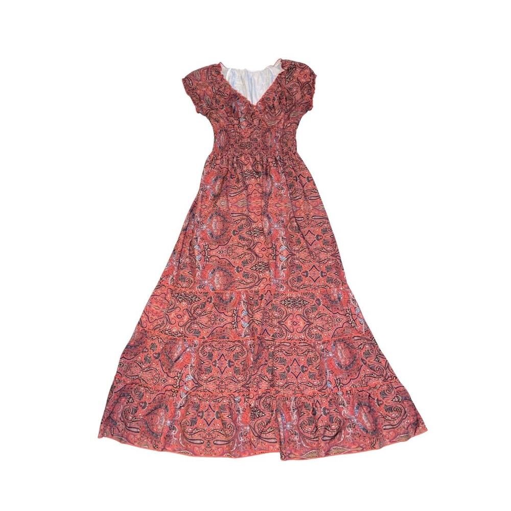Bohemian Paisley Print Maxi Smoked Waist Dress Size Small Peasant Flowy